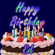 Happy Birthday Ed GIF: A dark blue birthday gif with a beautiful cake with flickering candles, background sparkles and a name to customize.