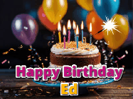 Happy Birthday Ed GIF: A birthday cake with flickering candles gif with text reading Happy Birthday and a Name slot to customize