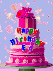 Happy Birthday Ed GIF: A big beautiful birthday cake gif with falling confetti, sparklers, and balloons, reads Happy Birthday Name. Customize it.