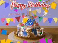 Happy Birthday Ed GIF: Happy Birthday Cake GIF with a cat, lamb, and squirrel on the cake with flickering candles, a sparkler, and falling confetti. Reads Happy Birthday Name and you can customize the name