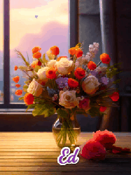Happy Birthday Ed GIF: A vase of flowers and animated hearts pop in and out as the words Happy Birthday Name appears that you can customize