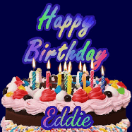 Happy Birthday Eddie GIF: A dark blue birthday gif with a beautiful cake with flickering candles, background sparkles and a name to customize.