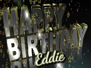 Happy Birthday Eddie GIF: Birthday celebration animated gif with a silvery gold design, falling star confetti, and a name you can customize.