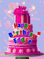Happy Birthday Eddie GIF: A big beautiful birthday cake gif with falling confetti, sparklers, and balloons, reads Happy Birthday Name. Customize it.