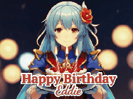 Happy Birthday Eddie GIF: Anime girl holding a birthday cake and an animated sword falls into it. Text reads Happy Birthday Customize