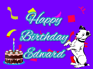 Happy Birthday Edward GIF: Silly happy birthday gif with a cute dog in a corner and rainbow animation confetti. Birthday cake in order with candle.