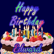 Happy Birthday Edward GIF: A dark blue birthday gif with a beautiful cake with flickering candles, background sparkles and a name to customize.