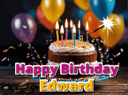 Happy Birthday Edward GIF: A birthday cake with flickering candles gif with text reading Happy Birthday and a Name slot to customize