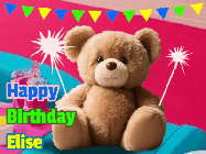 Happy Birthday Elise GIF: A cute birthday teddy bear animated birthday gif with the bear holding sparklers and text to customize.