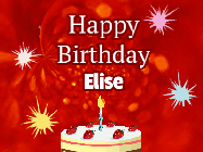 Happy Birthday Elise GIF: A bright red happy birthday gif animated with a cake candle, and glitter and sparkles. Customize with name.