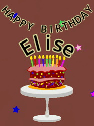 Happy Birthday Elise GIF: Animated birthday gif of a chocolate cartoon cake and stars. Animated text can be customized with name.