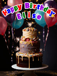Happy Birthday Elise GIF: Beautiful birthday cake animated gif, a celebration of balloons, confetti, and sparklers. Customize banner and name.