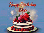Happy Birthday Elise GIF: Animated GIF of a birthday cake covered in berries with 2 sparklers and a candle, reads Happy Birthday Name. Customize it.