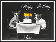 Happy Birthday Elise GIF: Vintage animated birthday card gif with name, flickering candles, birthday cake, and 2 dogs sitting at the table.