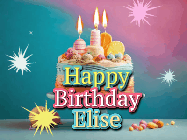 Happy Birthday Elise GIF: A colorful animated Happy Birthday Cake GIF with swirling sparkles and flickering candles. It reads Happy Birthday Name