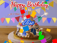 Happy Birthday Elise GIF: Happy Birthday Cake GIF with a cat, lamb, and squirrel on the cake with flickering candles, a sparkler, and falling confetti. Reads Happy Birthday Name and you can customize the name