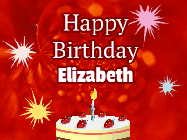 Happy Birthday Elizabeth GIF: A bright red happy birthday gif animated with a cake candle, and glitter and sparkles. Customize with name.