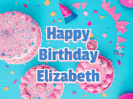 Happy Birthday Elizabeth GIF: Happy birthday animated gif on this beautiful cake background and confetti with flowers, hearts, and stars.