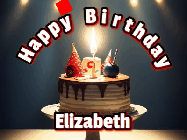 Happy Birthday Elizabeth GIF: Animated happy birthday gif with a cake and flickering candles with colorful falling confetti and text reading Happy Birthday