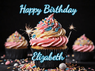Happy Birthday Elizabeth GIF: A delicious cupcake gif with animated sparkles reading Happy Birthday with a name to customize