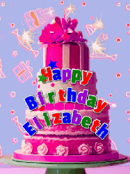 Happy Birthday Elizabeth GIF: A big beautiful birthday cake gif with falling confetti, sparklers, and balloons, reads Happy Birthday Name. Customize it.