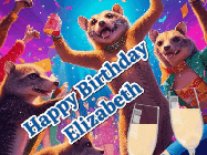 Happy Birthday Elizabeth GIF: Happy Birthday GIF depicting a mongoose party with animated fireworks, sparkles and champagne. Reads Happy Birthday Name. Customize it.