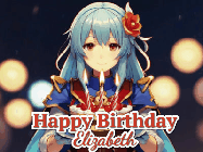 Happy Birthday Elizabeth GIF: Anime girl holding a birthday cake and an animated sword falls into it. Text reads Happy Birthday Customize
