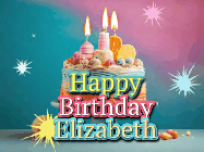 Happy Birthday Elizabeth GIF: A colorful animated Happy Birthday Cake GIF with swirling sparkles and flickering candles. It reads Happy Birthday Name
