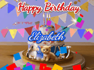 Happy Birthday Elizabeth GIF: Happy Birthday Cake GIF with a cat, lamb, and squirrel on the cake with flickering candles, a sparkler, and falling confetti. Reads Happy Birthday Name and you can customize the name