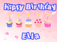 Happy Birthday Ella GIF: Pink animated birthday gif with 5 cupcakes and candles and animated text you can customize with name.