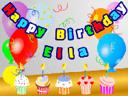 Happy Birthday Ella GIF: Animated happy birthday gif with a party balloon background, a row of cupcakes, and birthday banner to customize.