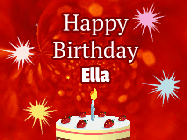 Happy Birthday Ella GIF: A bright red happy birthday gif animated with a cake candle, and glitter and sparkles. Customize with name.