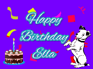 Happy Birthday Ella GIF: Silly happy birthday gif with a cute dog in a corner and rainbow animation confetti. Birthday cake in order with candle.