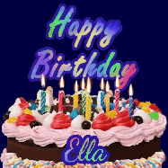 Happy Birthday Ella GIF: A dark blue birthday gif with a beautiful cake with flickering candles, background sparkles and a name to customize.