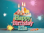 Happy Birthday Ella GIF: A colorful animated Happy Birthday Cake GIF with swirling sparkles and flickering candles. It reads Happy Birthday Name