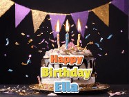 Happy Birthday Ella GIF: Happy birthday cake animated gif with flickering candles, animated text, and falling confetti. Customize text reading Happy Birthday Customize.