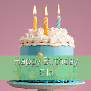 Happy Birthday Ella GIF: Sparkles fly over a birthday cake that has 3 flickering candles, text in a colored band read Happy Birthday Name.