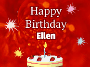 Happy Birthday Ellen GIF: A bright red happy birthday gif animated with a cake candle, and glitter and sparkles. Customize with name.