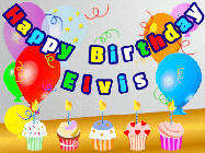 Happy Birthday Elvis GIF: Animated happy birthday gif with a party balloon background, a row of cupcakes, and birthday banner to customize.