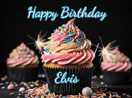 Happy Birthday Elvis GIF: A delicious cupcake gif with animated sparkles reading Happy Birthday with a name to customize