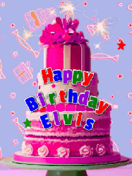 Happy Birthday Elvis GIF: A big beautiful birthday cake gif with falling confetti, sparklers, and balloons, reads Happy Birthday Name. Customize it.