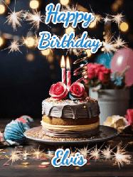 Happy Birthday Elvis GIF: Sparkles and glitter happy birthday gif with a cake and flickering candles and sparklers behind the words happy birthday customize