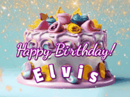Happy Birthday Elvis GIF: A beautiful birthday cake gif with animated sparkles and glitter Happy Birthday Name you can customize