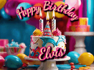 Happy Birthday Elvis GIF: Animated birthday gif with a beautiful colorful birthday can and sparkles in the air. It reads Happy Birthday Customize.