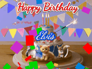 Happy Birthday Elvis GIF: Happy Birthday Cake GIF with a cat, lamb, and squirrel on the cake with flickering candles, a sparkler, and falling confetti. Reads Happy Birthday Name and you can customize the name