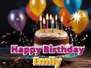 Happy Birthday Emily GIF: A birthday cake with flickering candles gif with text reading Happy Birthday and a Name slot to customize