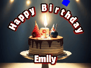 Happy Birthday Emily GIF: Animated happy birthday gif with a cake and flickering candles with colorful falling confetti and text reading Happy Birthday