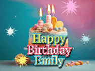 Happy Birthday Emily GIF: A colorful animated Happy Birthday Cake GIF with swirling sparkles and flickering candles. It reads Happy Birthday Name