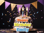 Happy Birthday Emily GIF: Happy birthday cake animated gif with flickering candles, animated text, and falling confetti. Customize text reading Happy Birthday Customize.