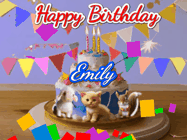 Happy Birthday Emily GIF: Happy Birthday Cake GIF with a cat, lamb, and squirrel on the cake with flickering candles, a sparkler, and falling confetti. Reads Happy Birthday Name and you can customize the name